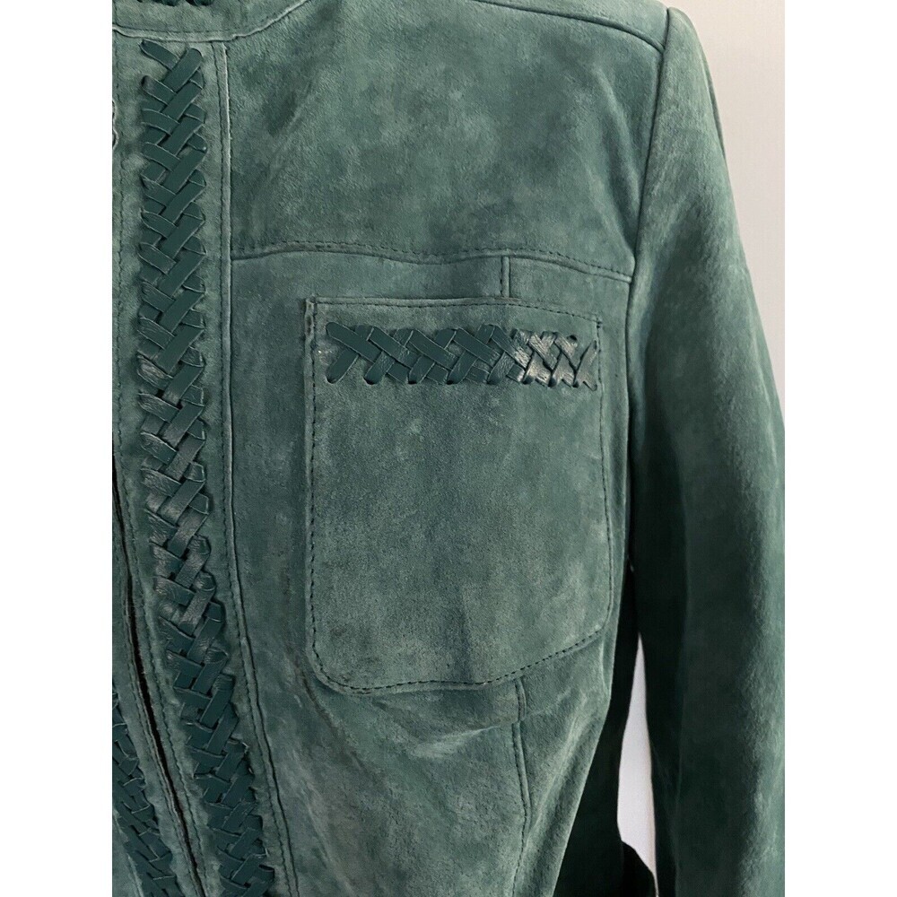 Women's Green Suede Jacket with Woven Trim - Picture 3 of 11
